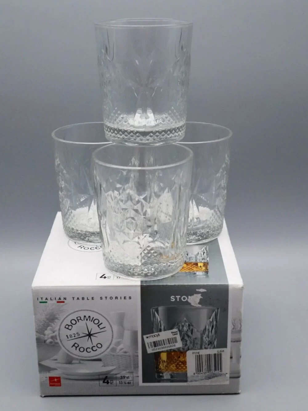4 Bormioli Rocco Italian Crystal Whiskey Rocks Cocktail Glasses Stone 13.5oz